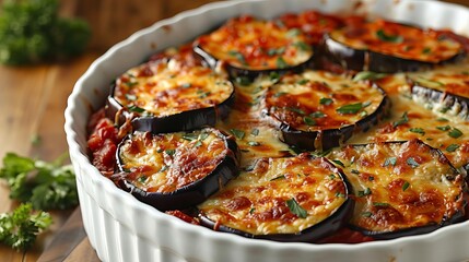 Delicious eggplant parmigiana featuring layers of fried eggplant slices baked with cheese and tomato sauce , add copyspace for text