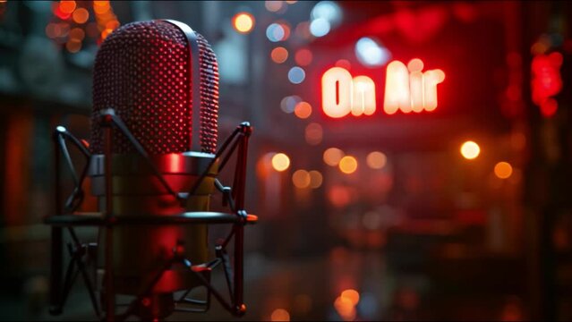 This microphone sits in front of a red On Air sign. Podcast and streaming concept