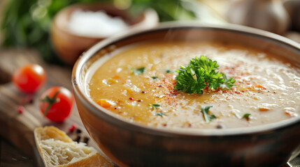 A bowl of soup with parsley on top sits on a wooden table