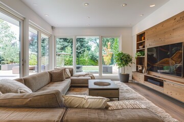 Modern cozy living room with large windows