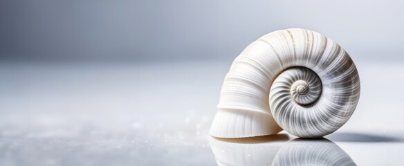 Obraz premium Ancient white shell with spiral pattern on white background with reflection. Chambered nautilus (Nautilus pompilius). Delicate Banner with space for text