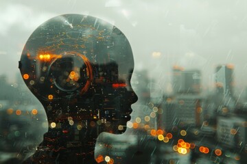 Naklejka premium AI Silhouette with Cityscape artificial intelligence