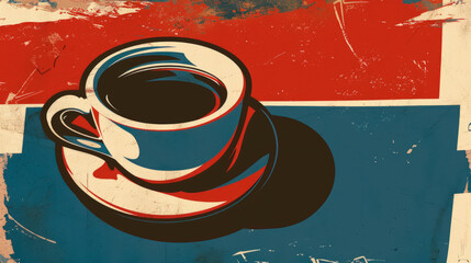 a cup of coffee vintage poster, graphic style, red, white, blue, black.