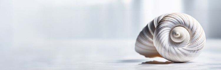 Ancient white shell with spiral pattern on white background with reflection. Chambered nautilus (Nautilus pompilius). Delicate Banner with space for text