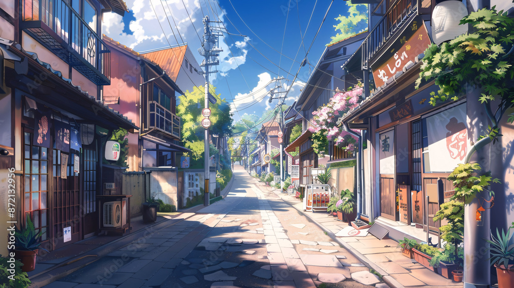 Canvas Prints A Japanese street depicted in an anime style.