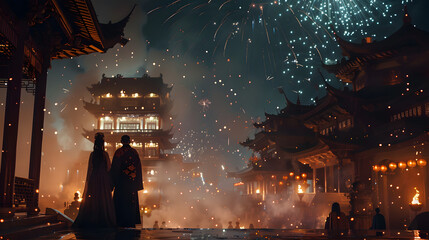 Obraz premium Romantic newlywed Chinese couple in Hanfu enjoying fireworks in front of ancient Chinese architecture at night, love story and cultural attire.