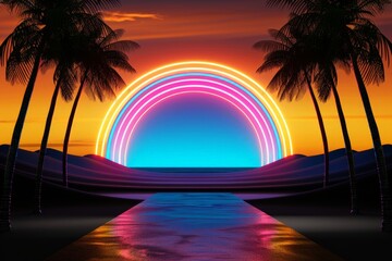 Naklejka premium Vibrant Sunset with Neon Rainbow Arch and Palm Trees Over Serene Beach