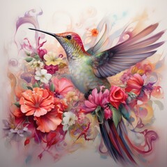 A colorful hummingbird is perched on a flower