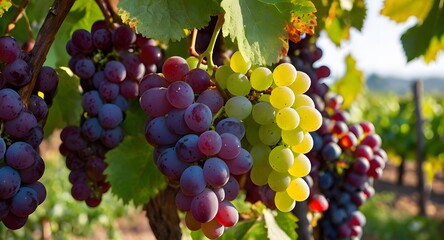 grape garden in full bloom during sunset grape vines are lush green with clusters of ripe, colorful grapes the background softly blurred a sense of tranquility and natural beauty  