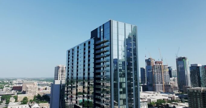 the 70 Rainey Condominium complex in an urban city view on a sunny day in Austin, Texas, USA