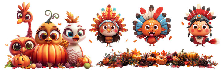 Thanksgiving Happy Turkey, Cheerful Pumpkin, & Joyful Cornucopia in Kawaii Style | Fun Holiday Cartoon Decorations