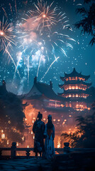 
Romantic newlywed Chinese couple in Hanfu enjoying fireworks in front of ancient Chinese architecture at night, love story and cultural attire.