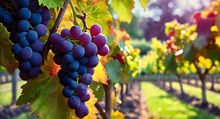 Obraz premium grape garden in full bloom during sunset grape vines are lush green with clusters of ripe, colorful grapes the background softly blurred a sense of tranquility and natural beauty 