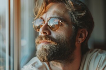 Contemplative Man Looking Through Sunlit Window