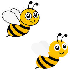 Friendly bees set. Cartoon happy flying bees with big kind eyes. Insect character. Vector isolated on white.	