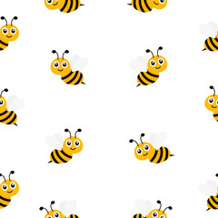 Seamless pattern happy flying bees. Cartoon bees with big eyes. Vector illustration on white background.