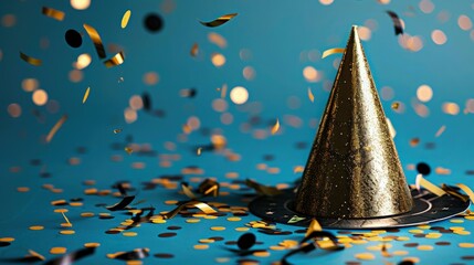 A classy celebration theme featuring a metallic gold party hat and gold and black confetti elegantly scattered on a royal blue background.
