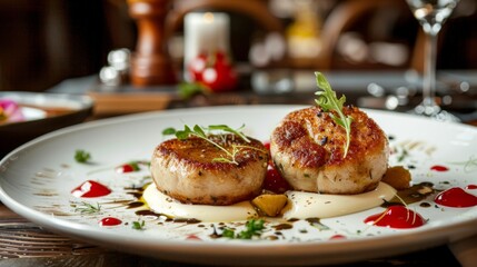Fototapeta premium French cuisine. Pozharsky cutlets with foie gras, sour cream sauce.