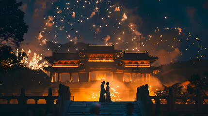 
Romantic newlywed Chinese couple in Hanfu enjoying fireworks in front of ancient Chinese architecture at night, love story and cultural attire.