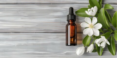 Neroli Essential Oil Floral Display on Wooden Background. Concept Essential Oils, Aromatherapy, Natural Remedies, Wooden Background, Floral Display