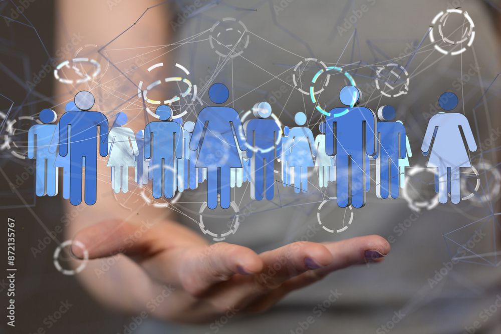 Poster holding 3d rendering group of blue people - neural network exposure digital