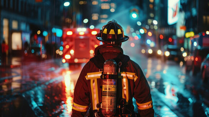Obraz premium Firefighter Heading to Night Emergency in Cityscape