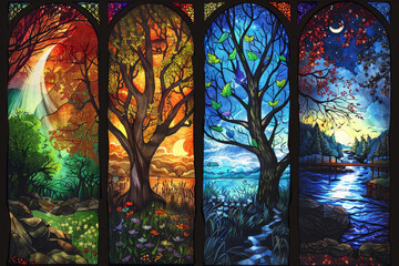 Four stained glass windows depicting the four seasons