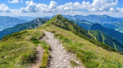 Mountain Path Leading to the Peak under a Blue Sky
