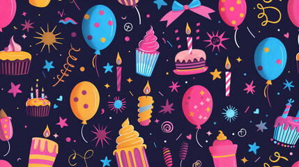 a birthday pattern design with cake and balloons