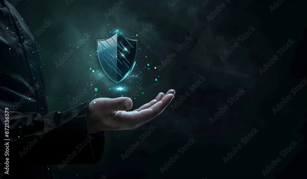 Poster cybersecurity and privacy concepts to protect data. businessman holding cyber security technology on