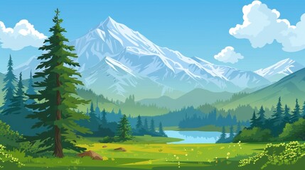 Mountain Landscape with Pine Tree and Lake