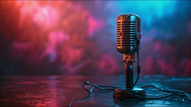 This vintage microphone sits on a stage lit by pink and blue lights.