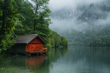 Obraz premium Cabin On Misty Lake In Serene Forest