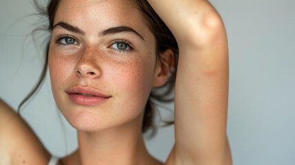 Fototapeta premium A woman with a light skin tone and blue eyes