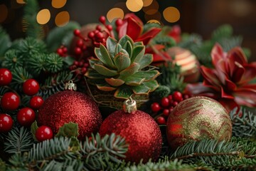 Fototapeta premium Christmas Decor with Succulent and Baubles