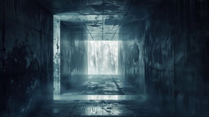 Obraz premium A dark, damp concrete tunnel with textured walls leading to a bright, distant light. The eerie, enclosed space and reflective surfaces evoke a sense of claustrophobia and isolation