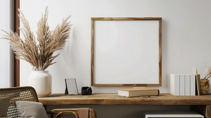 A cozy home working space interior with natural wooden furniture, a blank frame on the white wall, and a copy space on the wooden table for montage. 3D rendering, 3D illustration.