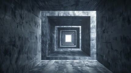 A surreal, infinite concrete tunnel with multiple rectangular frames leading to a distant light. The gray, textured walls and geometric patterns evoke a sense of claustrophobia and isolation