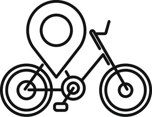 Line art icon of a bicycle with a location pin, perfect for representing bike rentals, city transportation, and navigation