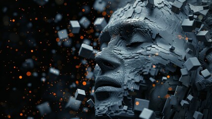 Digital face in profile, composed of fragmented cubes and floating orange particles against dark background. This abstract representation symbolizes AI, data visualization, and digital transformation