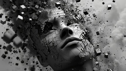 A monochrome digital face in profile, composed of fragmented cubes and floating particles against a neutral background. This abstract representation symbolizes AI, data visualization