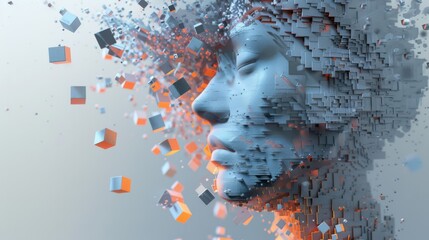 A digital face in profile, composed of fragmented orange and blue cubes against a light background. This abstract representation symbolizes AI, data visualization, and digital transformation