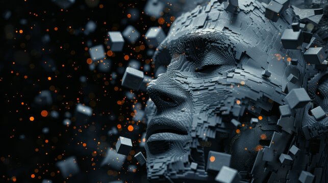 Digital face in profile, composed of fragmented cubes and floating orange particles against dark background. This abstract representation symbolizes AI, data visualization, and digital transformation