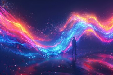 A man standing in front of a colorful wave.

