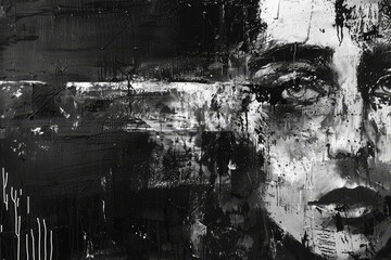 A black and white painting of a woman's face with a lot of paint splatters