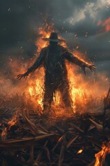 a man in a hat standing in a field of fire