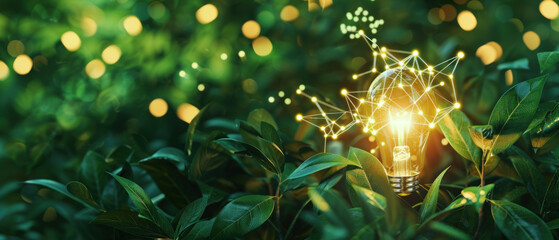 A glowing lightbulb surrounded by lush green leaves and connected by lines, ecofriendly creative energy solutions, and innovation themes
