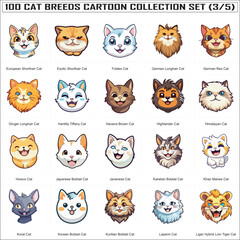 Fototapeta premium Set of Funny Cat Breeds Cute Cats Cartoon Characters Bundle Collection Set of 100 Cat Faces Part 3