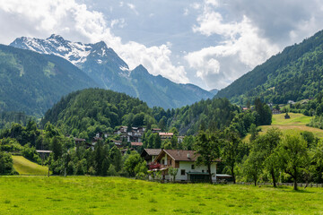 Fototapeta premium Mountains and ski resorts viewed from the village of Mayrhofen in Austria, Europe
