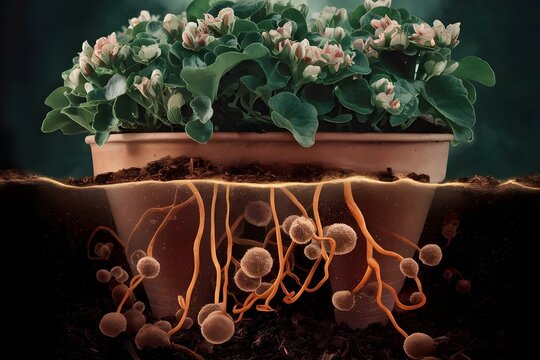 Flowers and Fungal Growth. Close-up of a flowering plant in a pot, revealing its roots intertwined with fungal growth underground. Symbiotic of relationship between plants and fungi disease.